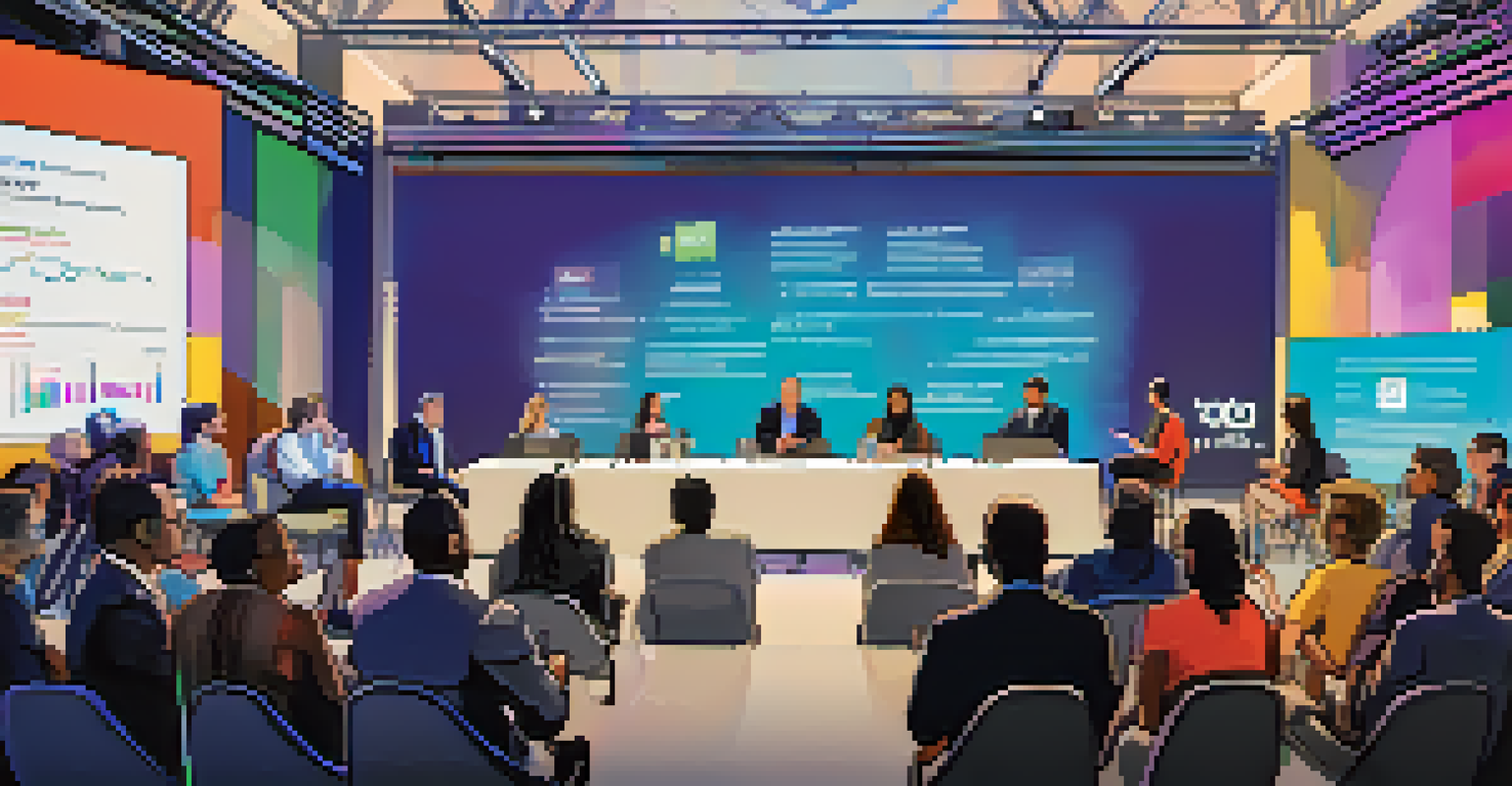 Close-up of a panel discussion at a tech conference with diverse speakers and an engaged audience.