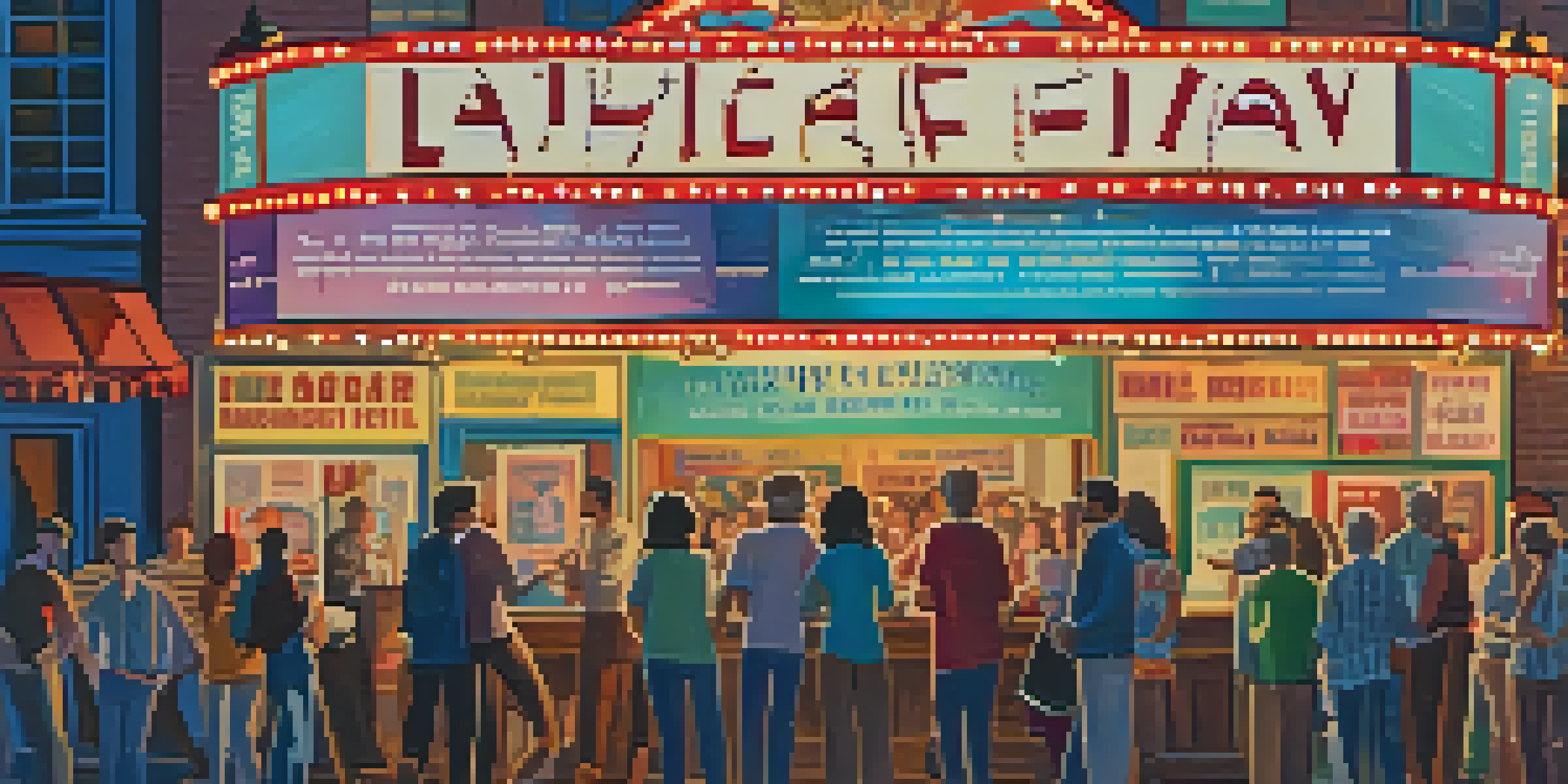A lively crowd at a local film festival outside a vintage theater, with colorful decorations and film posters.