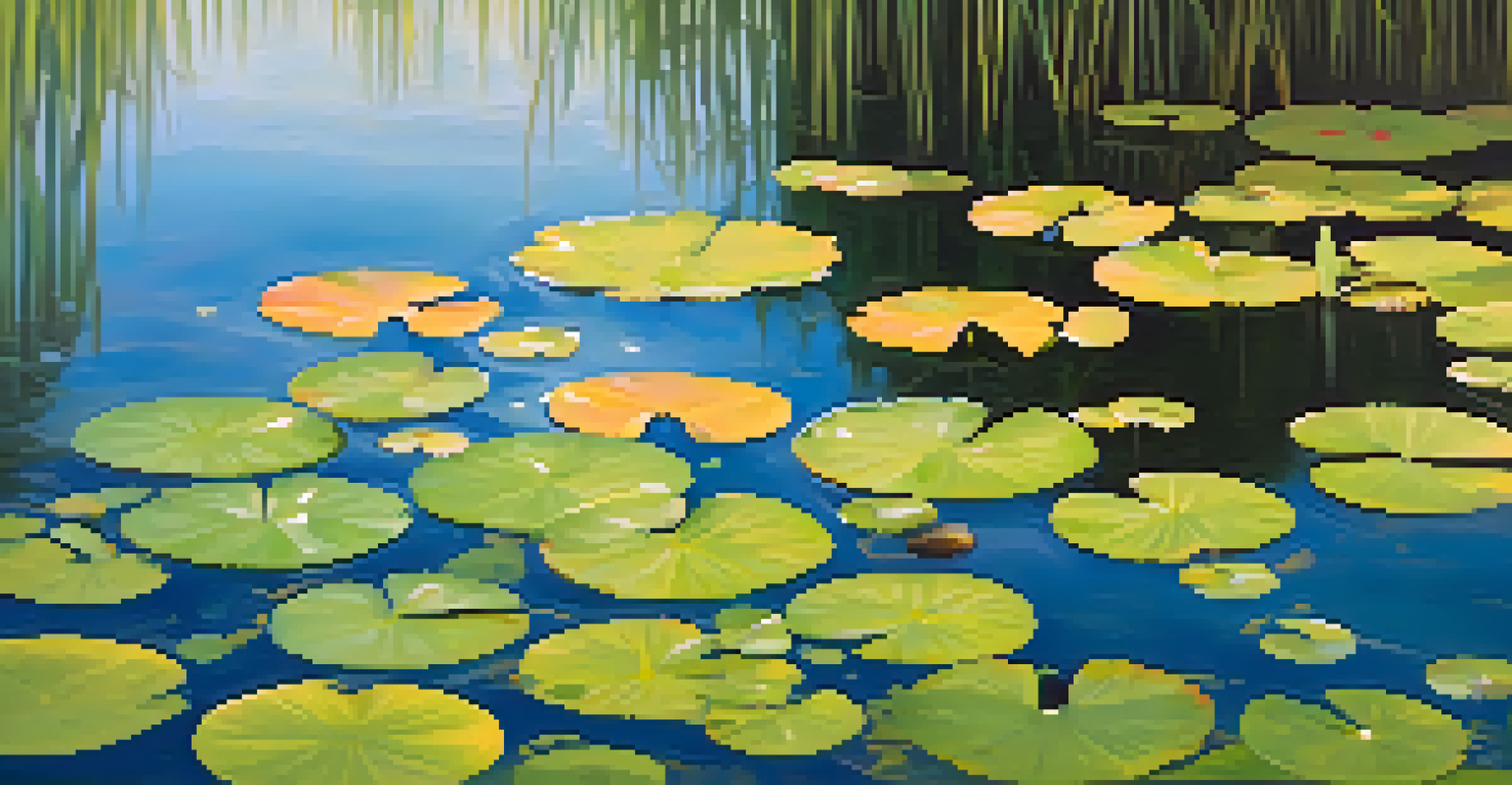 A peaceful wetland scene with clear water, frogs on lily pads, and dragonflies, illuminated by golden sunlight.