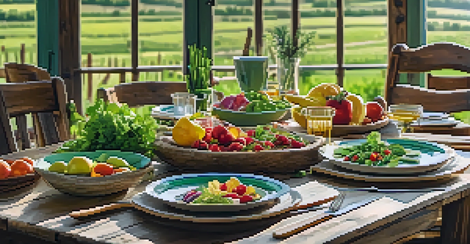 A dining table featuring locally sourced organic dishes with fresh seasonal produce, set in a sunlit farm background.