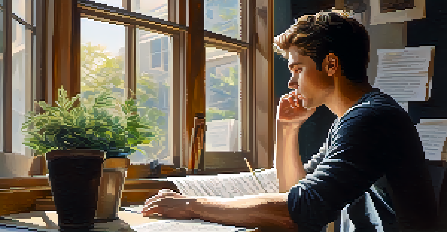 A young playwright at a desk filled with scripts and notes, deep in thought with natural light illuminating their workspace.