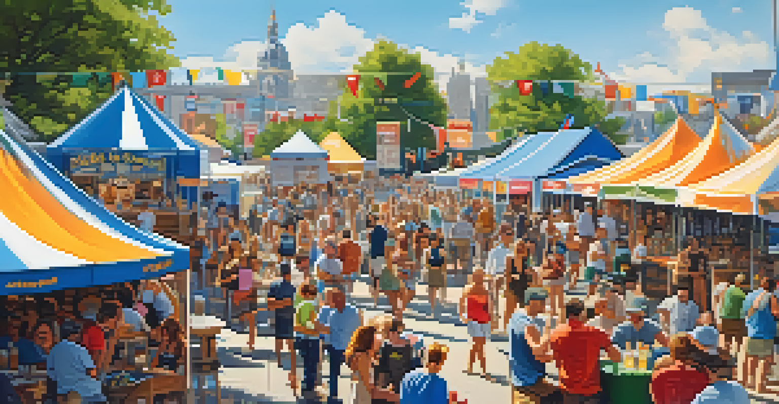 A lively outdoor beer festival with colorful tents, people mingling, and craft beer booths, set against a clear blue sky and festive decorations.