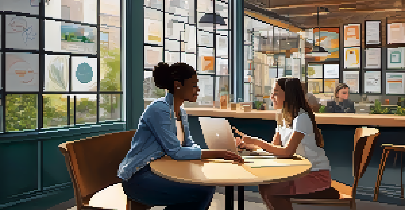 An older woman mentoring a young girl at a coffee shop, discussing tech concepts with charts and laptops on the table.