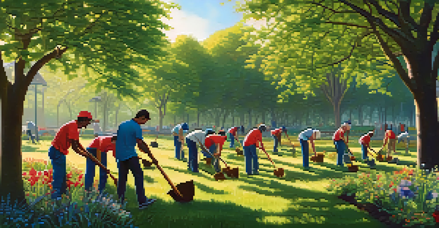 Volunteers planting trees in a lush park on a sunny day.