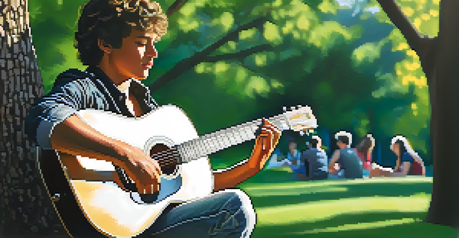 A close-up of a young musician playing an acoustic guitar in an Austin park, with sunlight filtering through trees and a sense of community in the background.