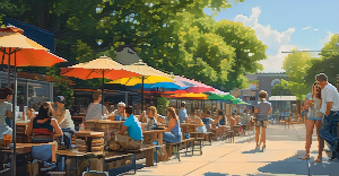 An outdoor brewery patio in Austin with people enjoying craft beers and a golden retriever sitting beside its owner.