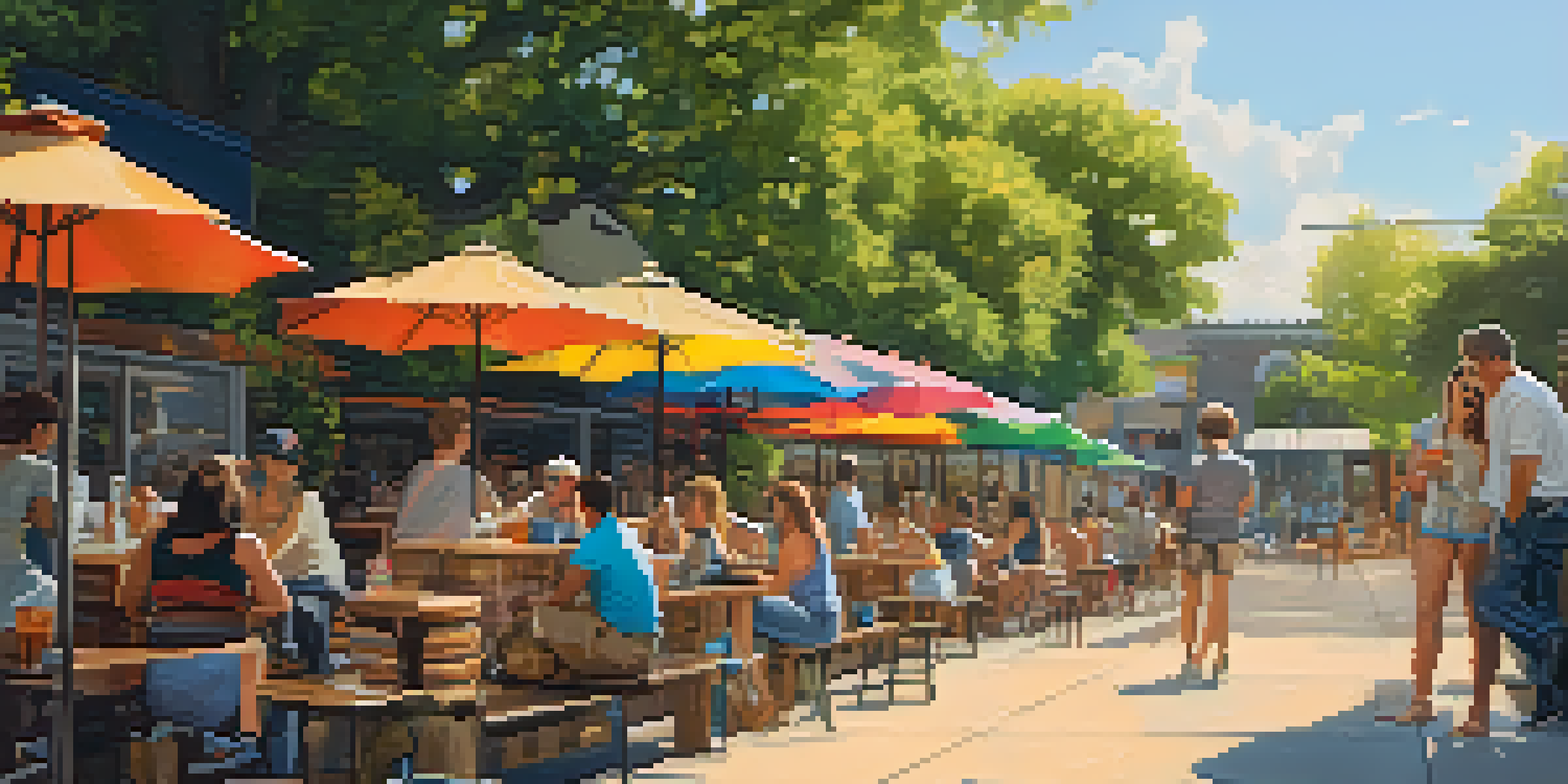 An outdoor brewery patio in Austin with people enjoying craft beers and a golden retriever sitting beside its owner.