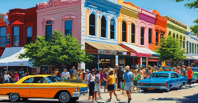 A lively outdoor art fair in Austin with artists showcasing their colorful artworks and a diverse crowd of visitors.