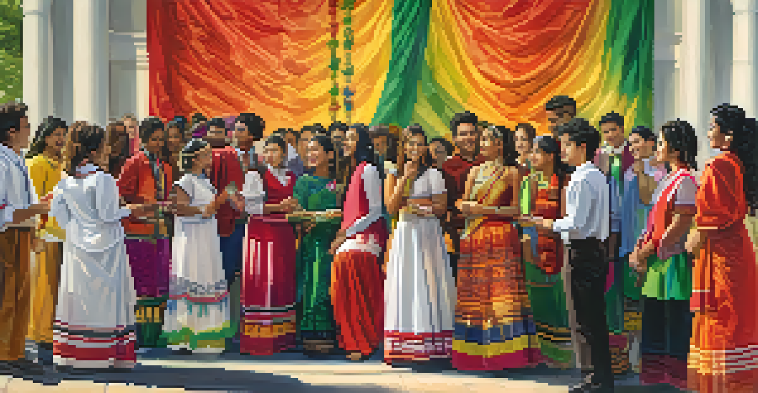 A group of diverse students in traditional attire at a cultural event on campus, surrounded by decorations and enjoying food and music.