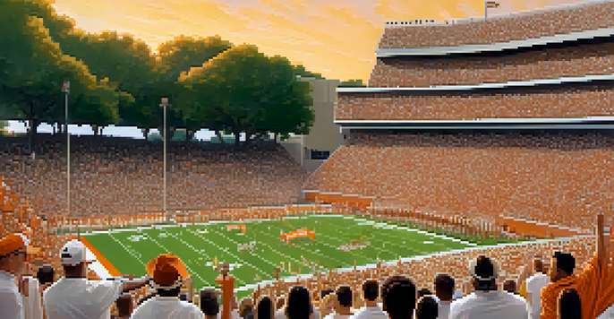 A crowded football stadium filled with enthusiastic Texas Longhorns fans dressed in burnt orange and white, celebrating a game day.