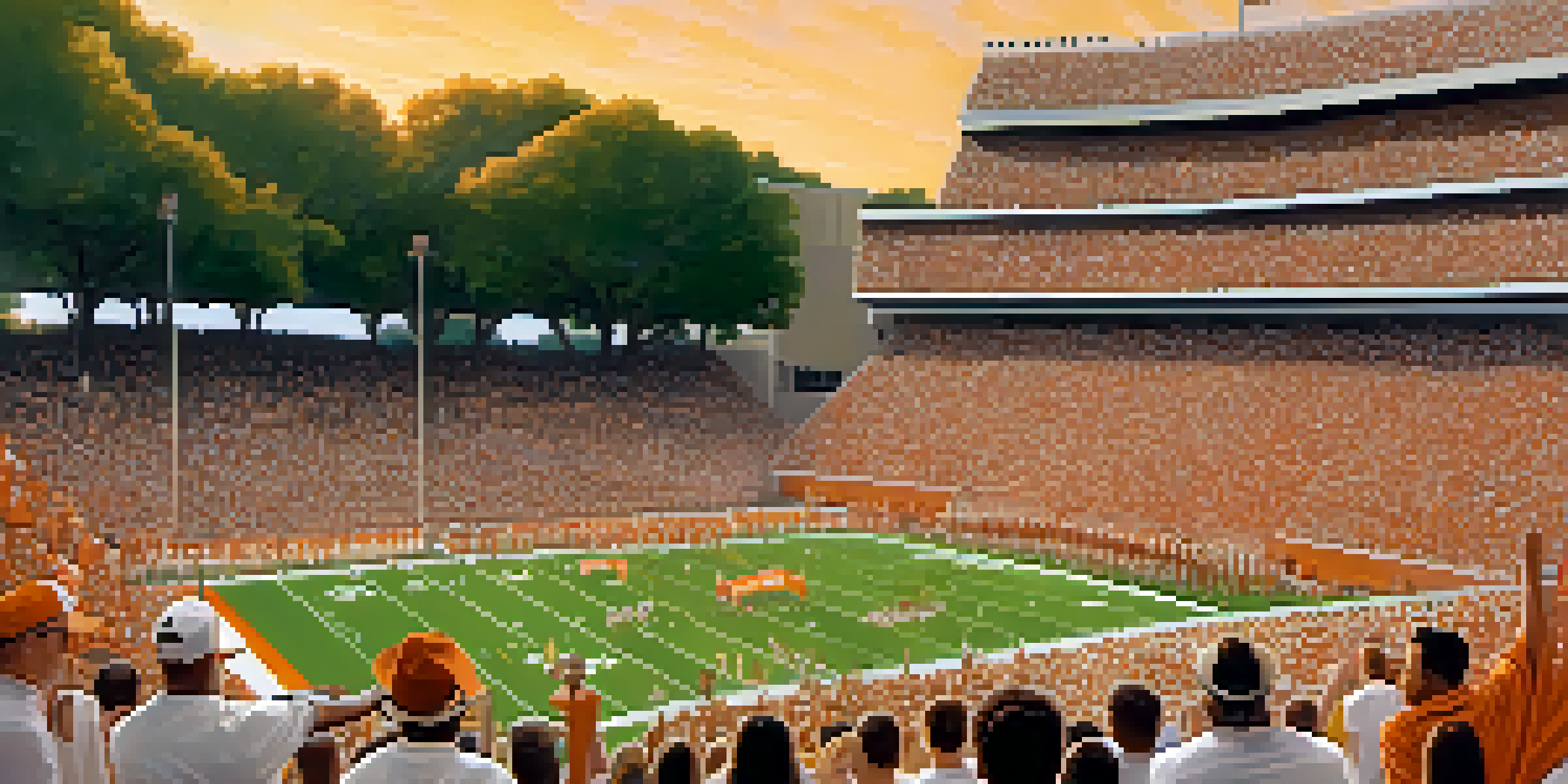 A crowded football stadium filled with enthusiastic Texas Longhorns fans dressed in burnt orange and white, celebrating a game day.