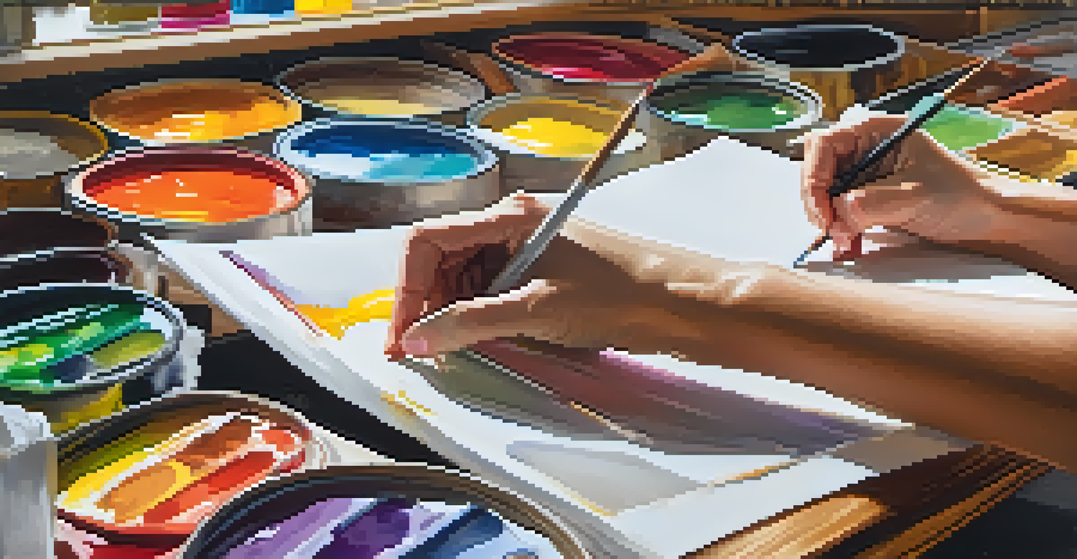 An artist's hands painting on a canvas in a bright studio filled with art supplies and natural light.