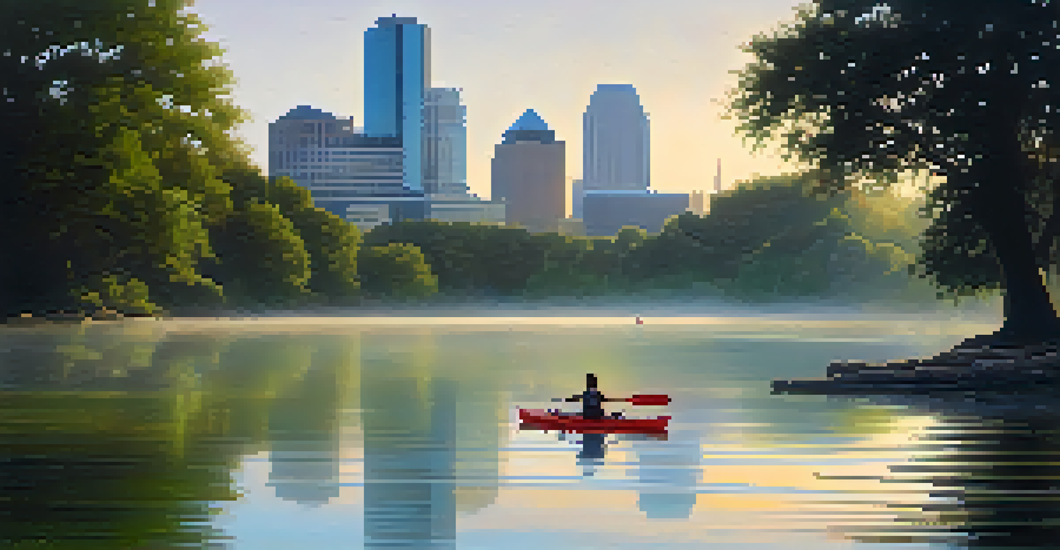 A tranquil dawn scene at Lady Bird Lake in Austin, with mist over the water and reflections of the city skyline surrounded by greenery.