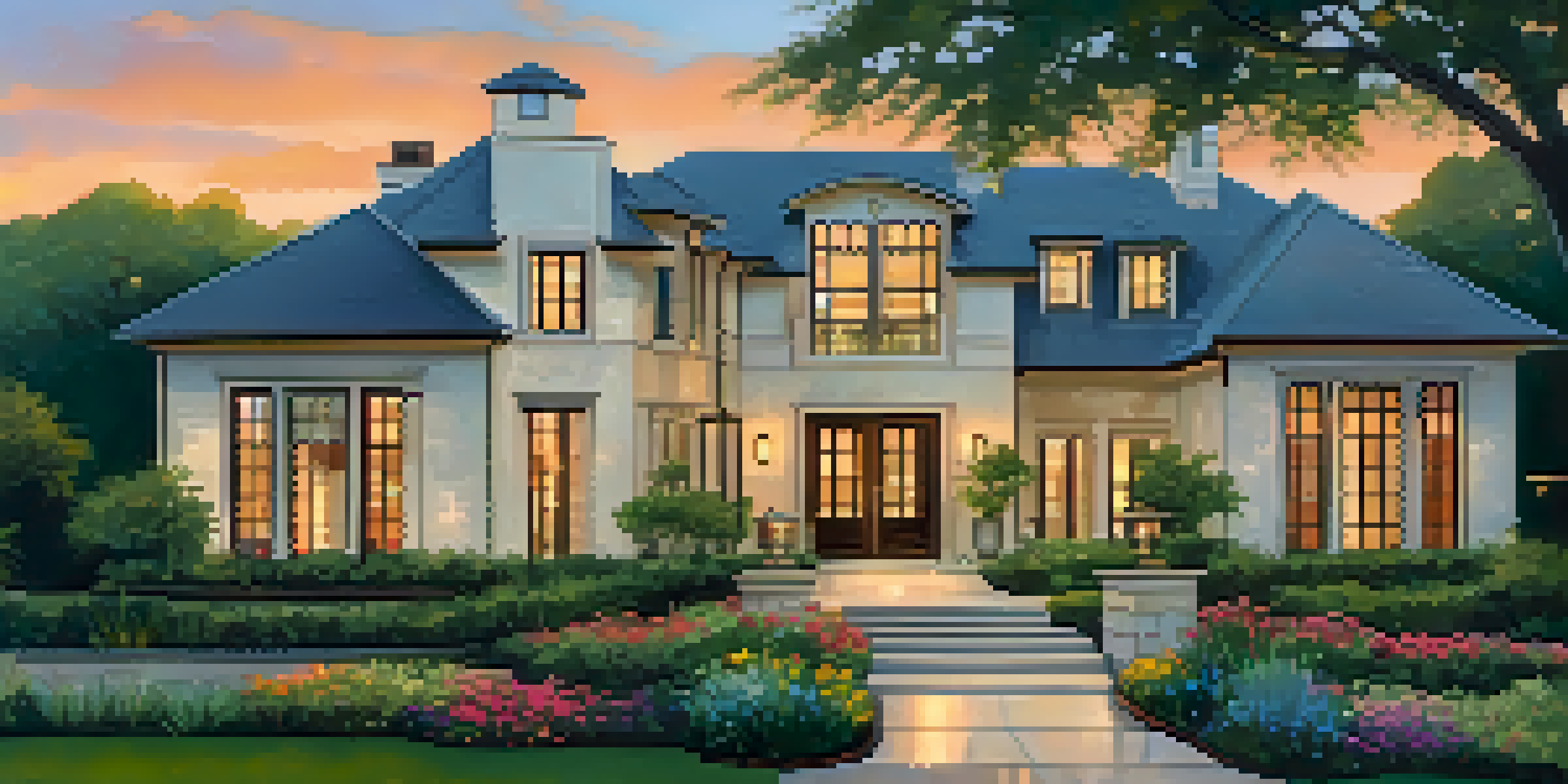 A luxury home surrounded by greenery and flowers in West Lake Hills at sunset.