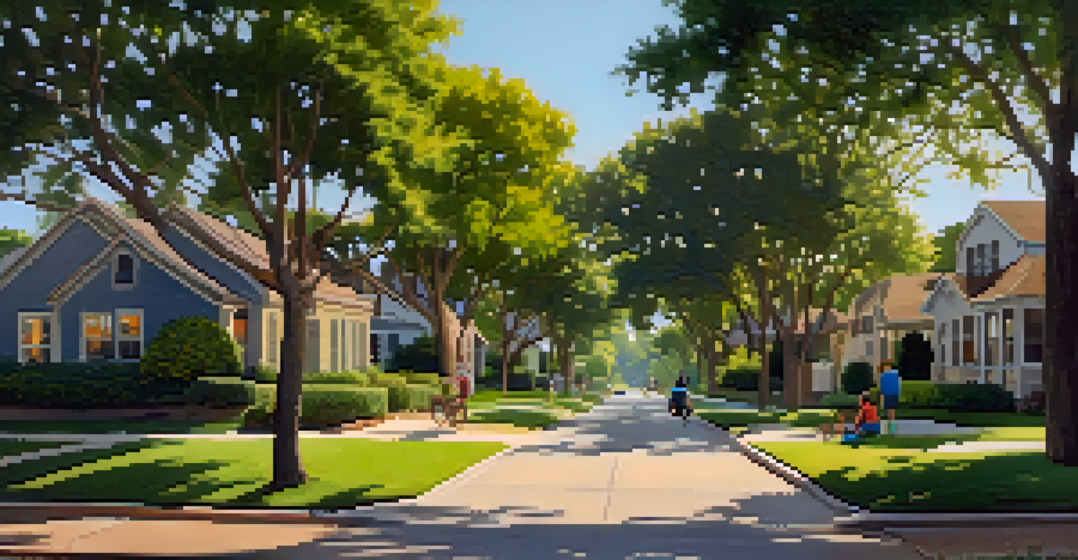 A tranquil neighborhood in Westlake, Austin, with spacious family homes, lush lawns, and children playing in the front yards in the warm afternoon light.