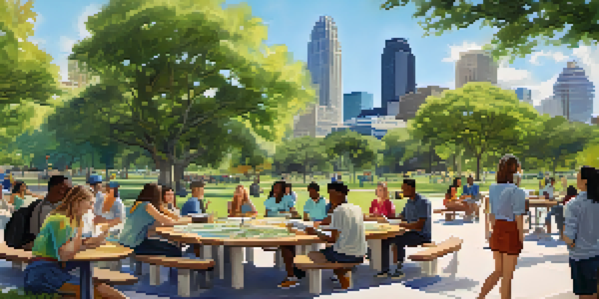 A diverse group of young people collaborating on urban planning in a park with Austin's skyline in the background.