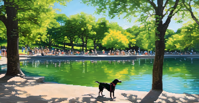 A joyful dog playing in a pool at Zilker Park with owners enjoying a picnic under the trees.