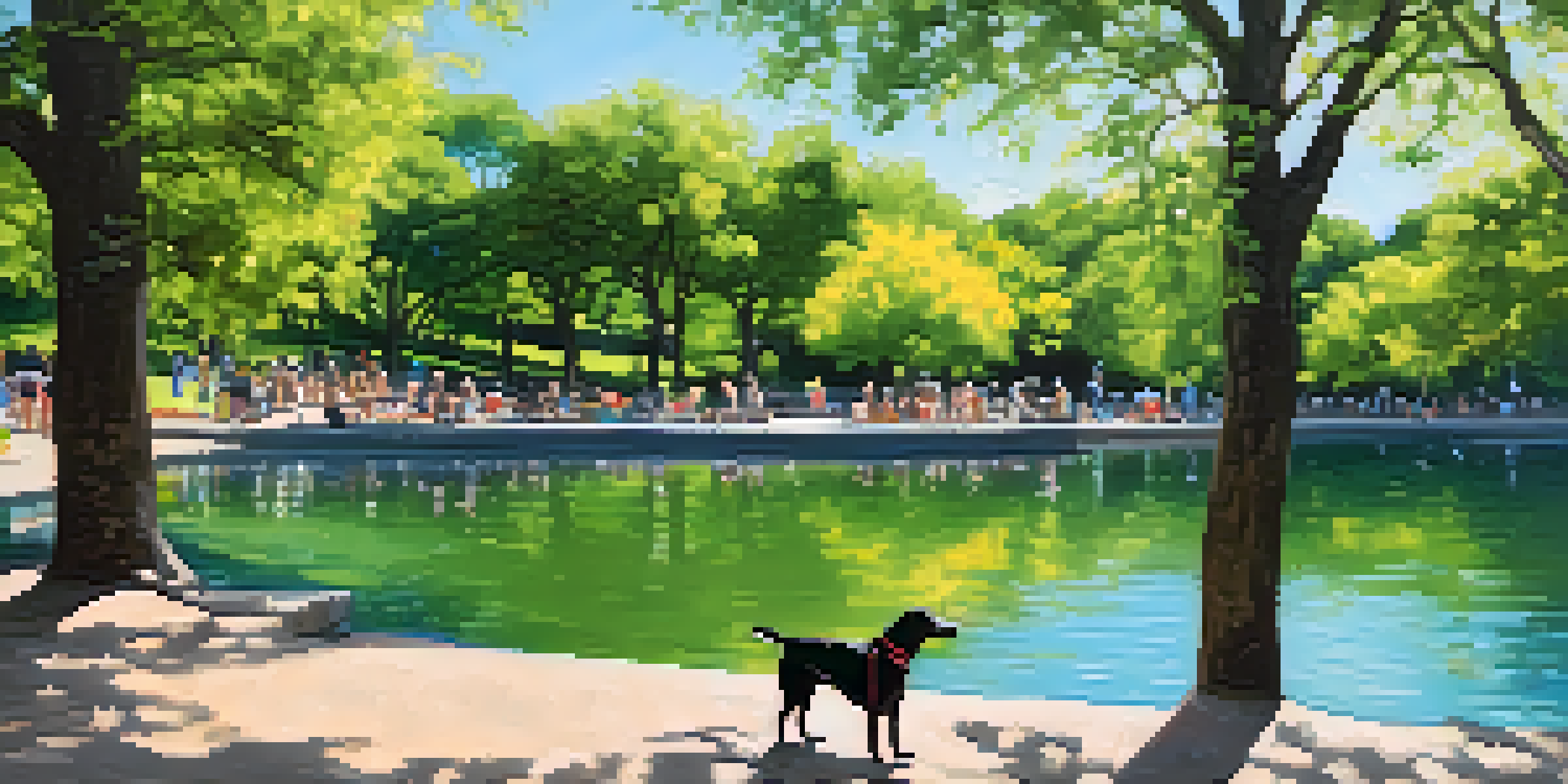 A joyful dog playing in a pool at Zilker Park with owners enjoying a picnic under the trees.