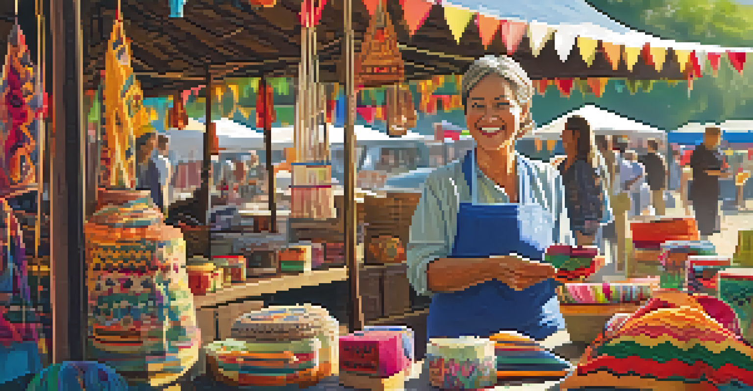 A smiling woman vendor at a festival displaying handmade crafts and interacting with customers, surrounded by colorful decorations.
