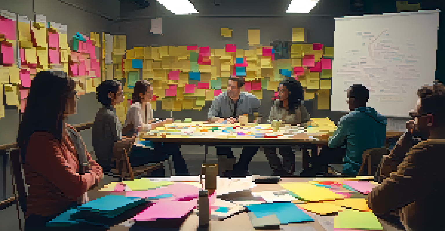 A workshop with aspiring filmmakers gathered around a table, listening to a director, with colorful notes and a whiteboard in the background.