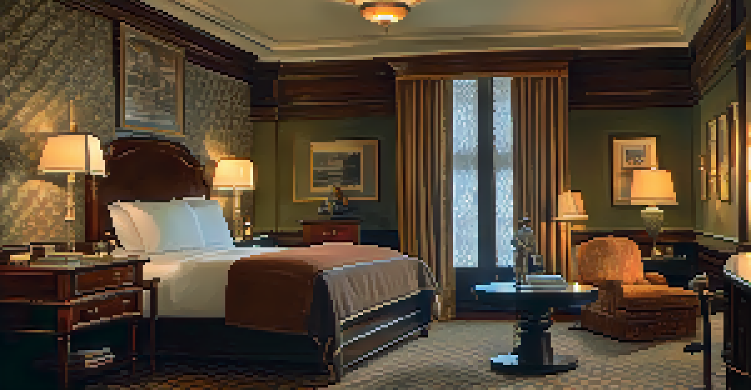 A luxurious hotel room in the Driskill Hotel with elegant decor and a ghostly figure near the window.