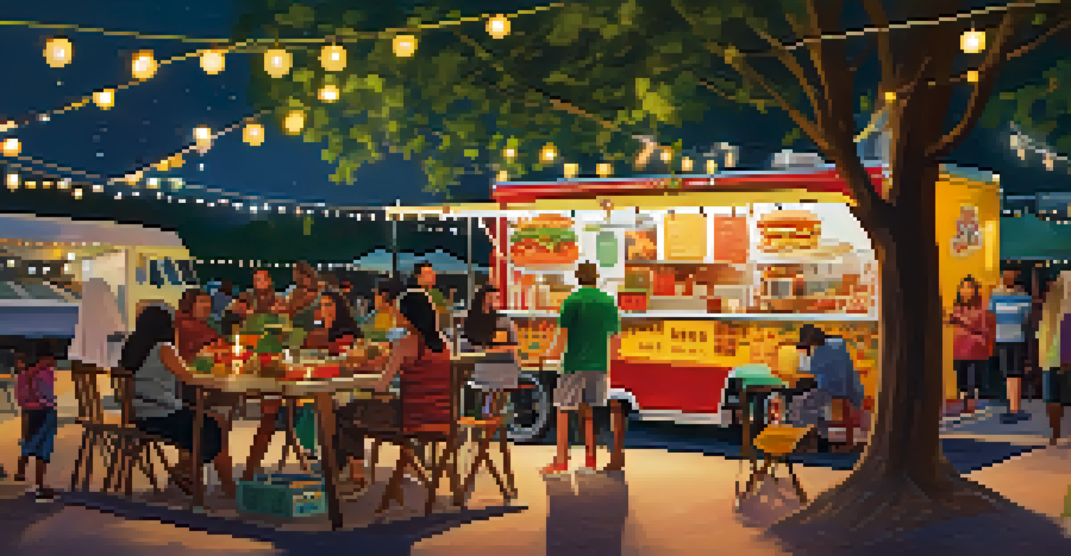 A lively food truck park in North Austin with diverse food options and people enjoying their meals under string lights.