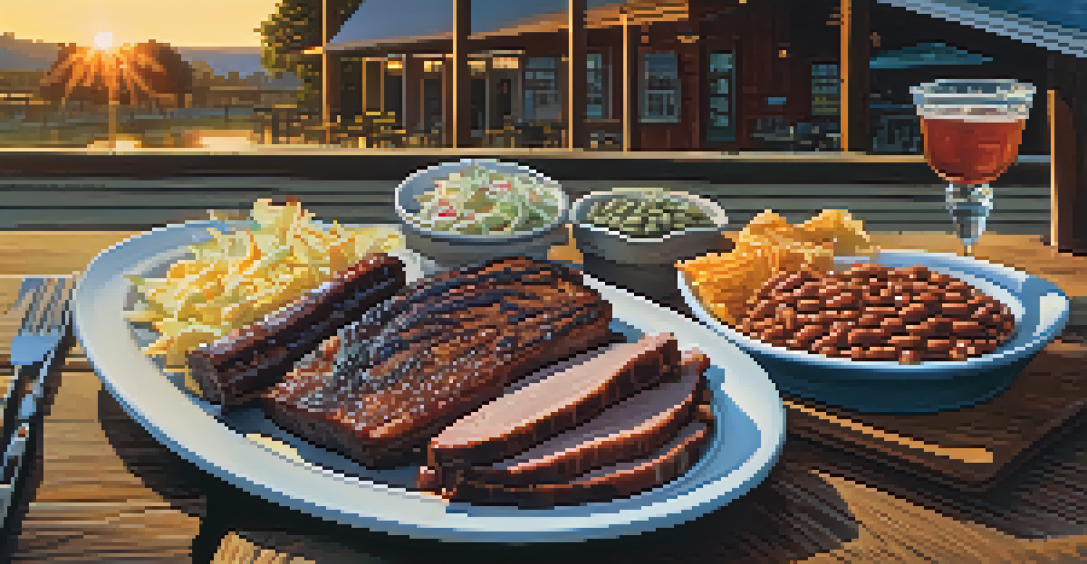 A barbecue platter featuring brisket, ribs, and sausage at an outdoor restaurant in Austin during sunset.
