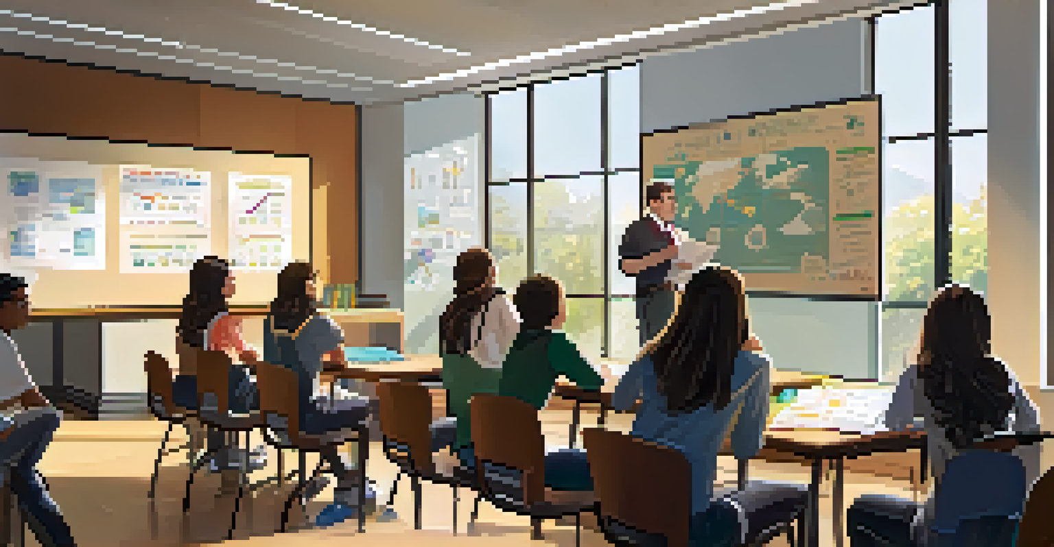 A classroom with students engaged in learning as a faculty member presents research findings, illuminated by sunlight through large windows.