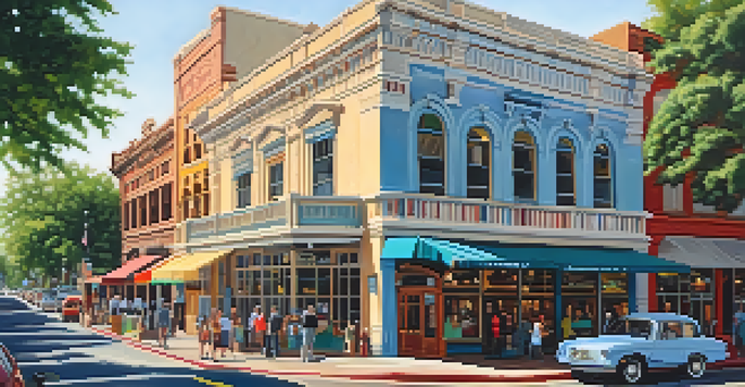 A vibrant street scene on Sixth Street in Austin, with historic buildings, pedestrians, and colorful murals under bright sunlight.