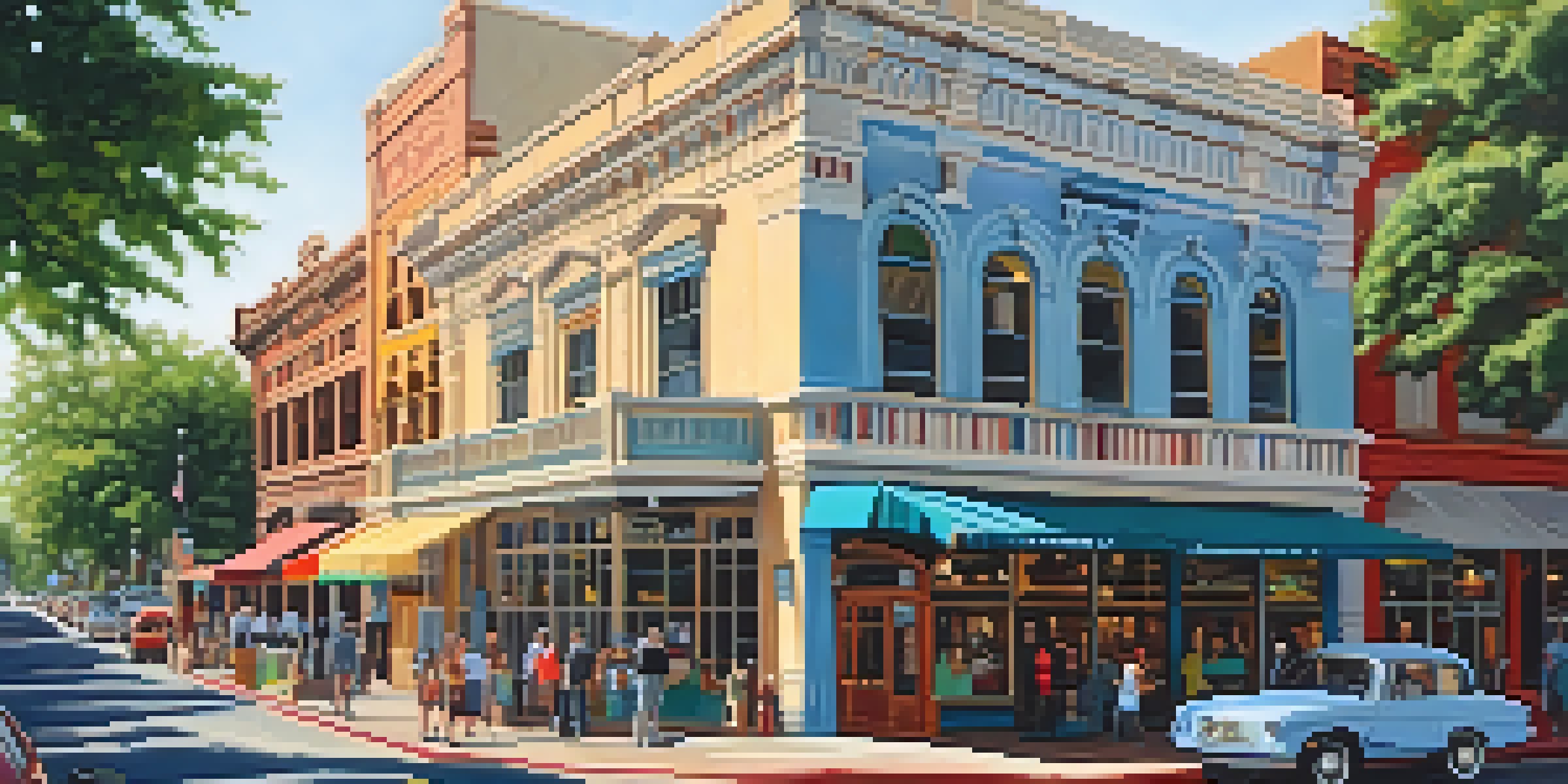 A vibrant street scene on Sixth Street in Austin, with historic buildings, pedestrians, and colorful murals under bright sunlight.