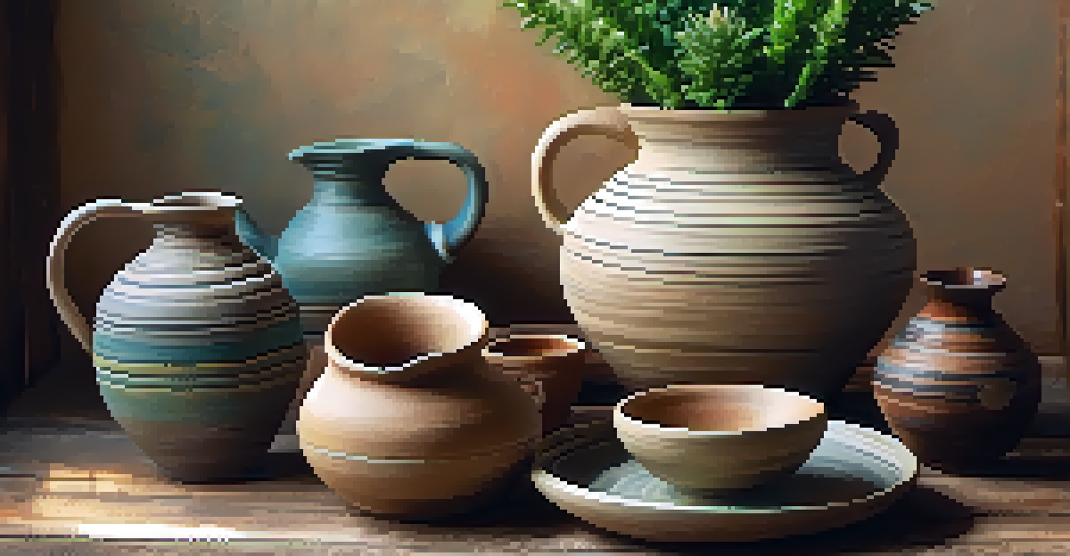 An artistic display of handmade pottery on a wooden table, featuring various shapes and colors with soft lighting.