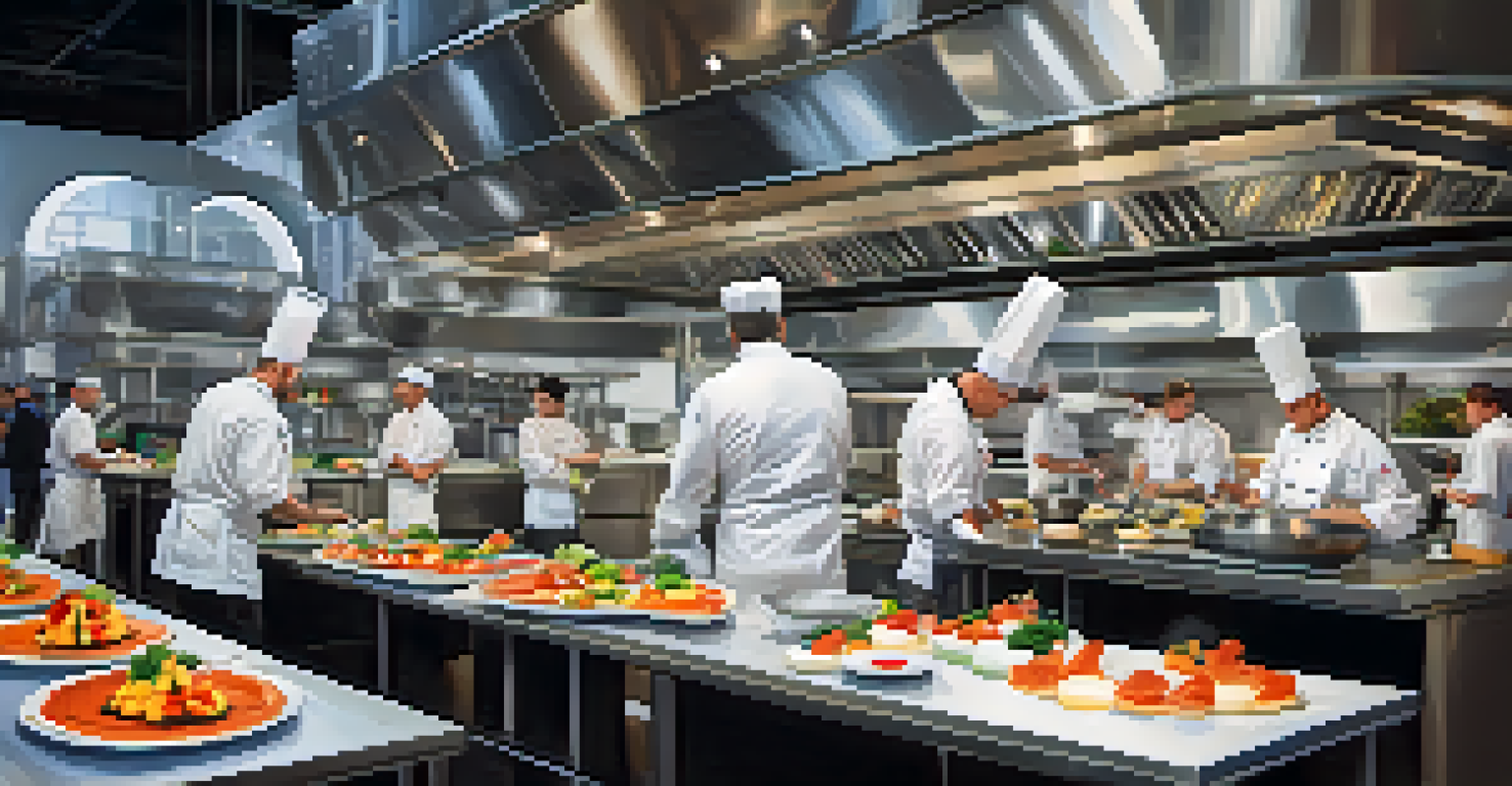 A professional kitchen during a culinary competition, with chefs working on their dishes and bright lights illuminating the space.