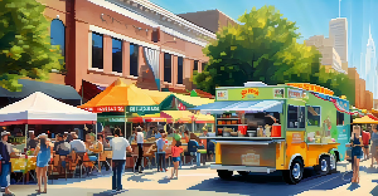 A vibrant outdoor food truck festival with various trucks and attendees enjoying food and live music.