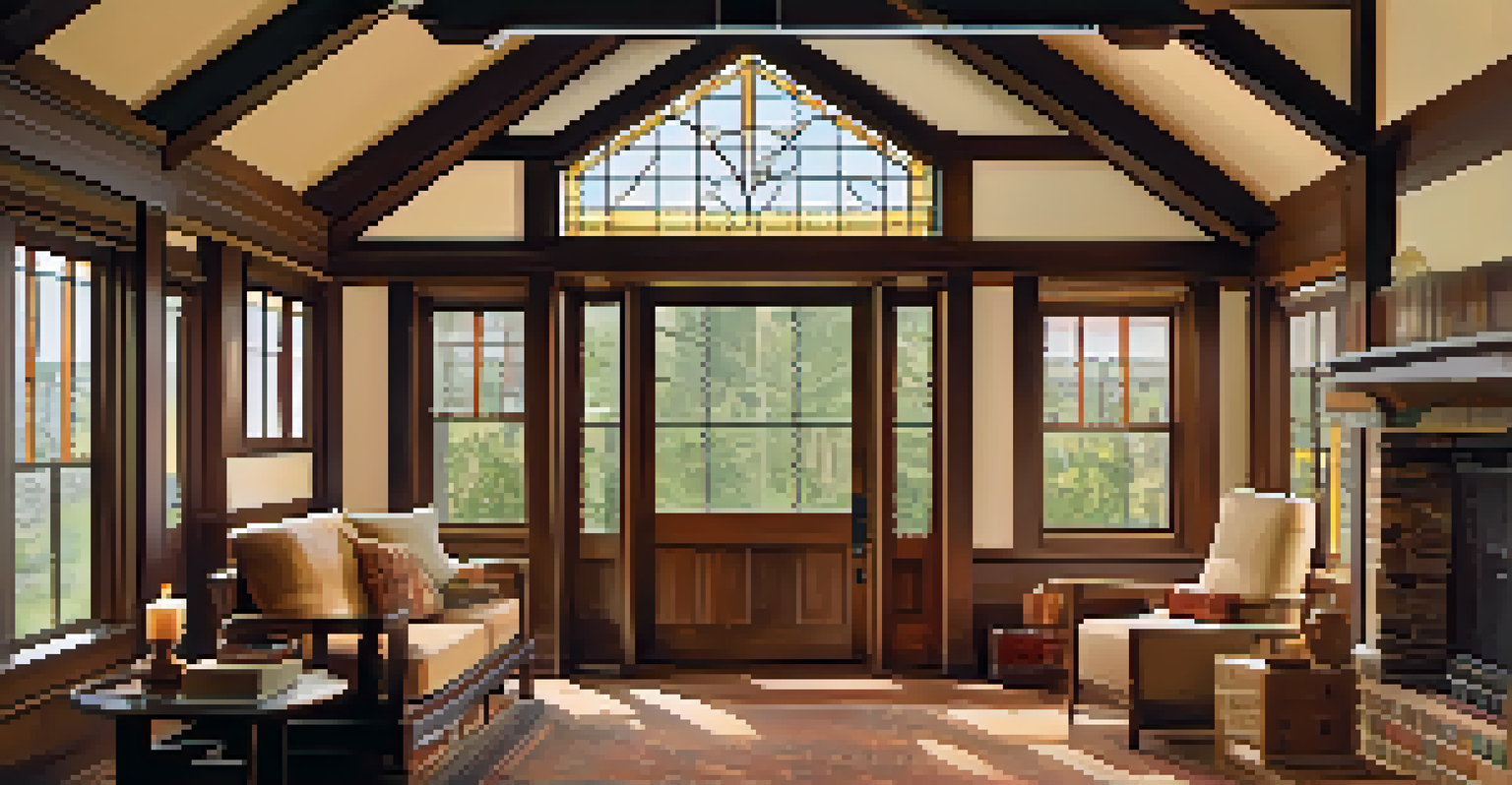 Interior of a Craftsman bungalow with built-in wooden furniture and exposed beams, illuminated by natural light.
