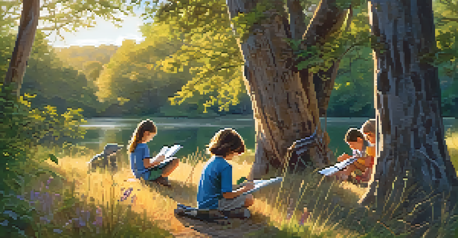 Children exploring nature at an eco-adventure camp, bird watching and sketching amidst wildflowers.