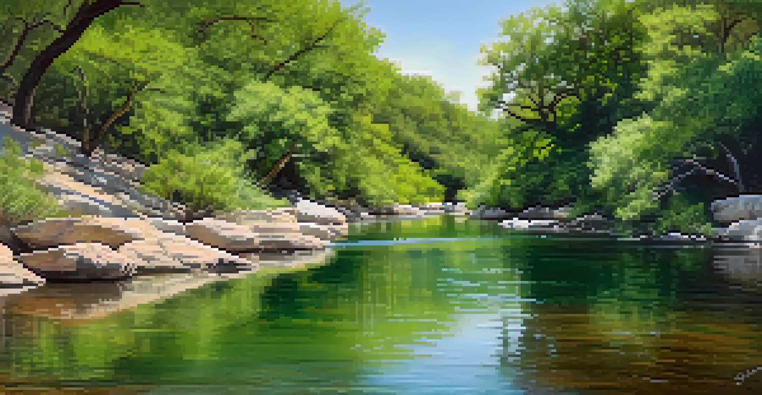A tranquil scene of Barton Creek Greenbelt with clear water, lush greenery, birds, and butterflies in a sunlit natural environment.