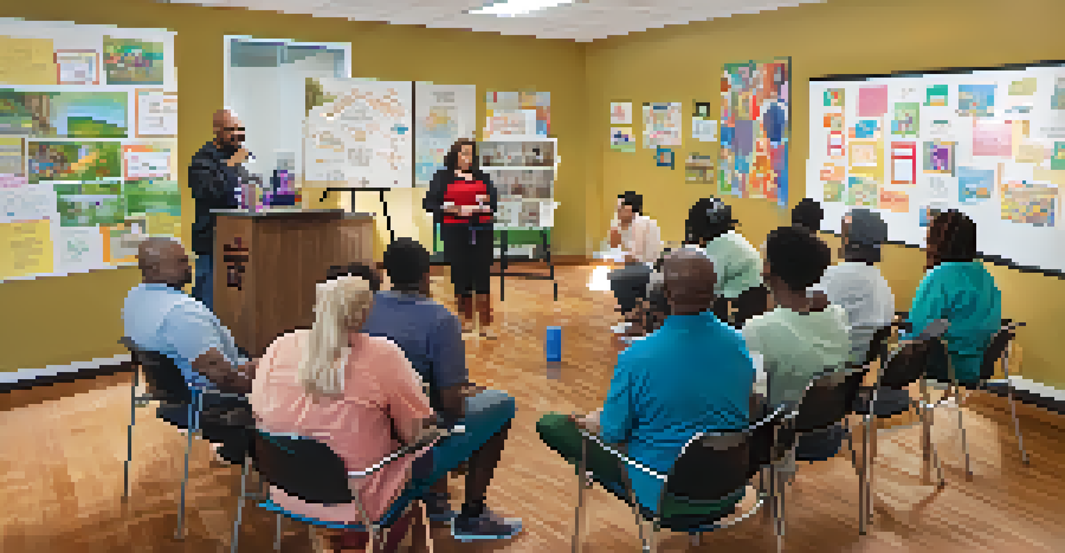 A support group meeting in a community center with a facilitator and attentive participants in a warm, inviting room.