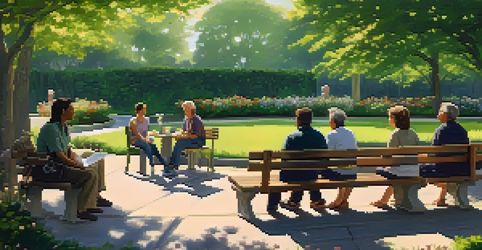 A small group of people sitting on benches in a park, engaged in a heartfelt discussion for a support group.