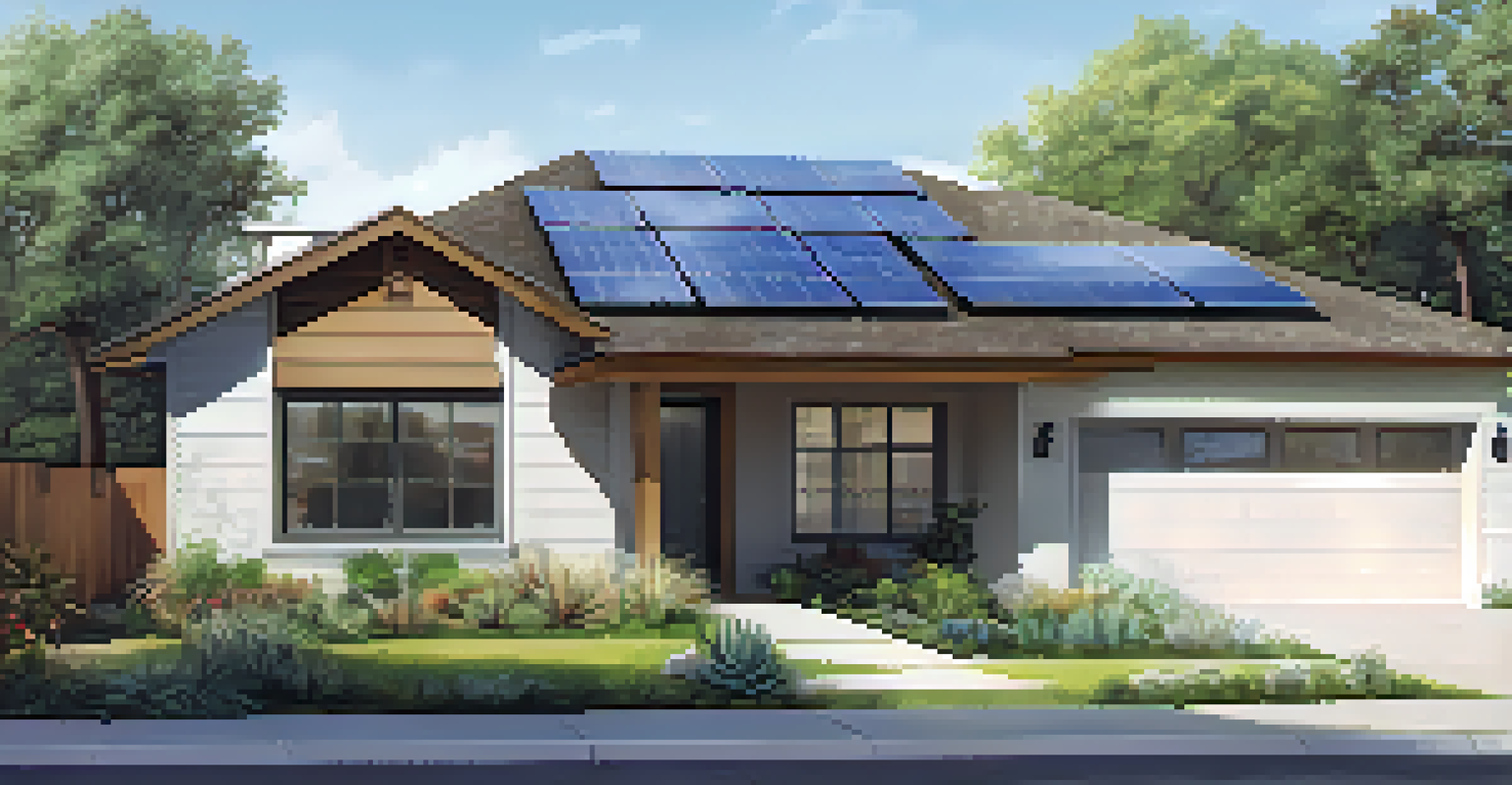 Close-up of solar panels on a house with sunlight shining, surrounded by a garden with native plants.
