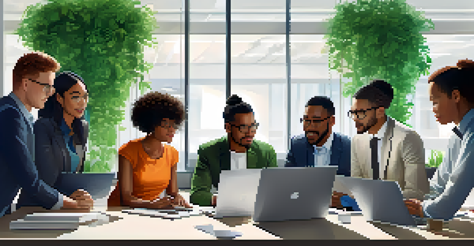 A diverse group of tech professionals working together over a laptop in a bright, modern office filled with plants and natural light.
