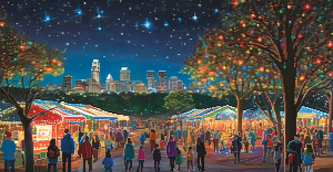 Families enjoying the Austin Trail of Lights at Zilker Park, surrounded by colorful lights and festive decorations.