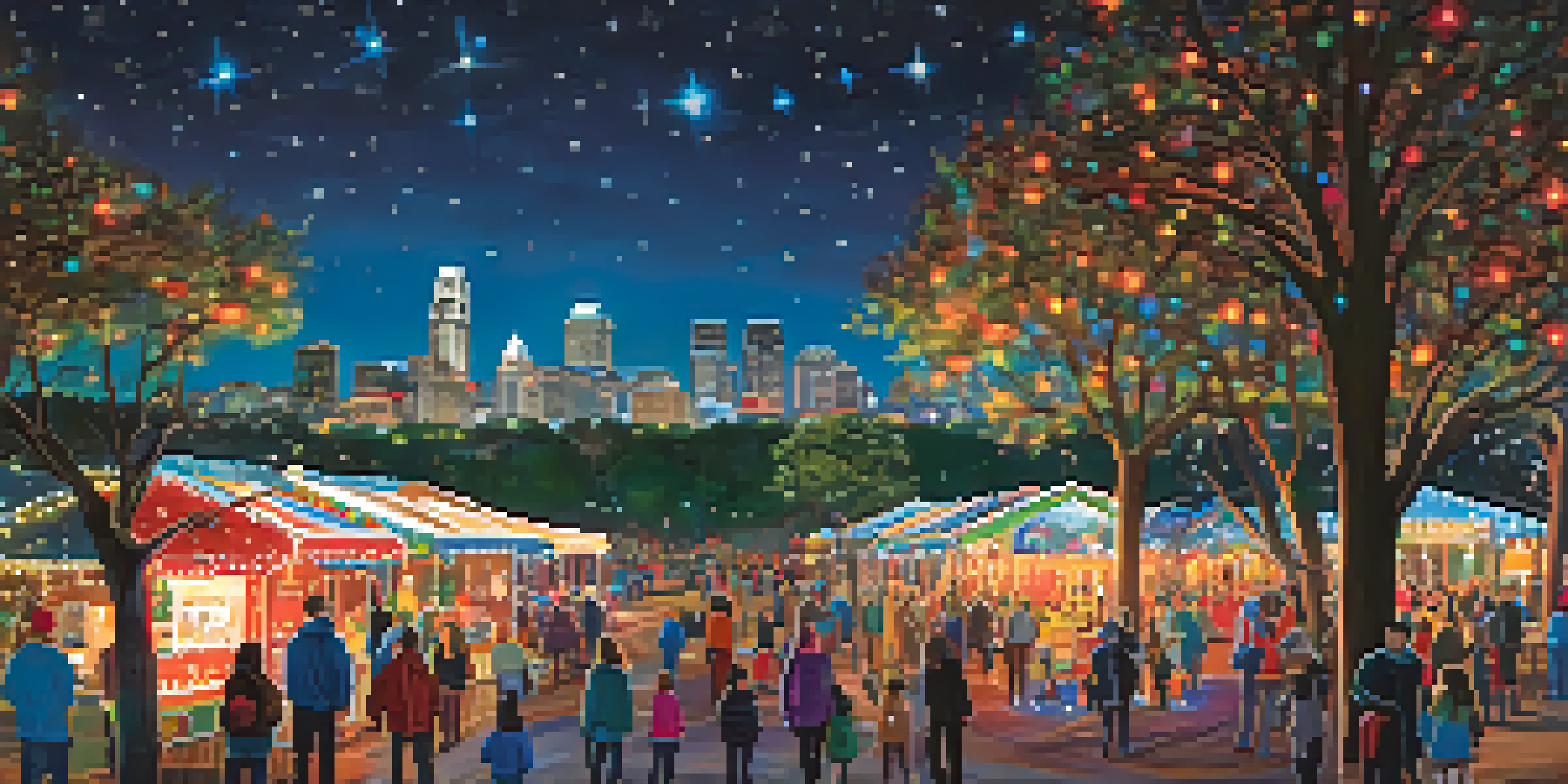 Families enjoying the Austin Trail of Lights at Zilker Park, surrounded by colorful lights and festive decorations.