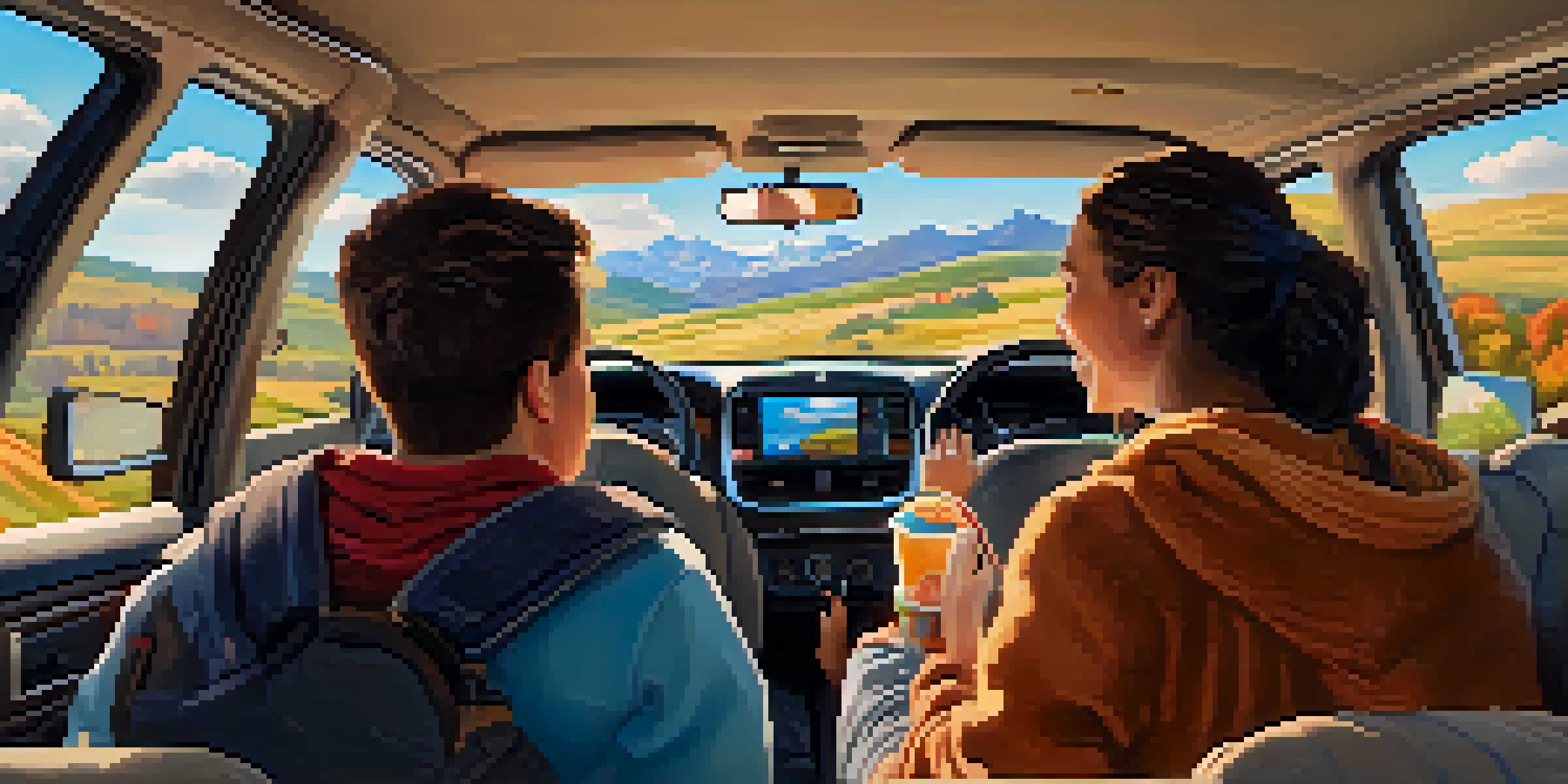 A happy family enjoying a road trip inside their car, listening to a podcast with smiles and colorful snacks around them.
