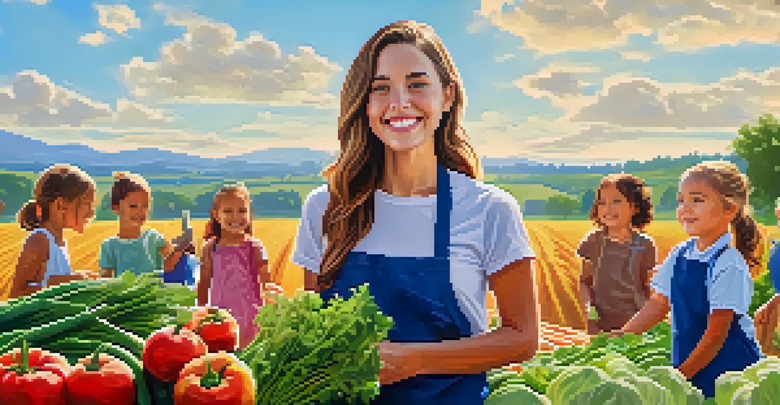 A local influencer teaching children about sustainable agriculture in a bright farm field filled with fresh produce.