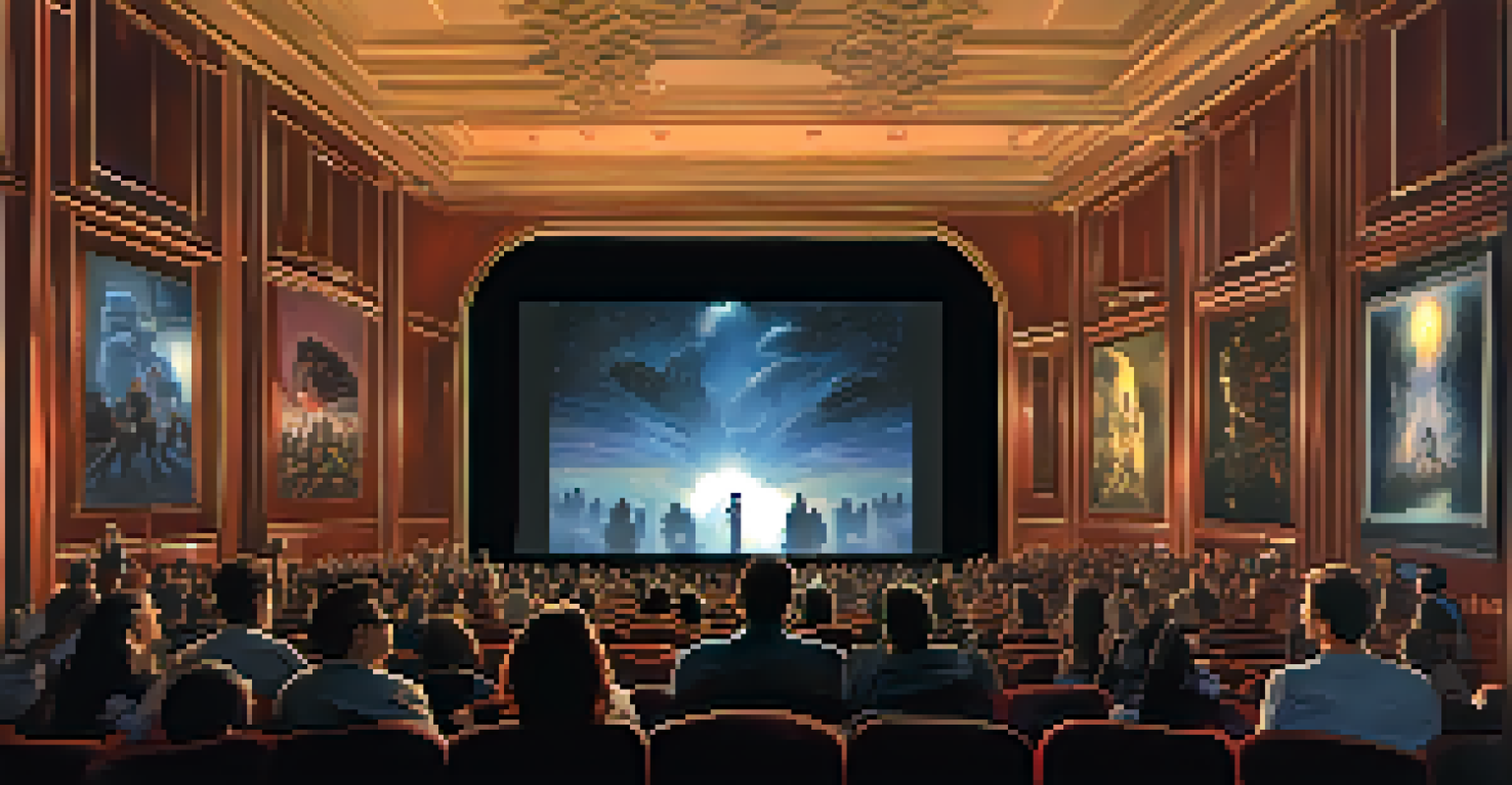 An audience captivated by a genre film screening at the Fantasia International Film Festival, with dim lighting and film posters in the background.