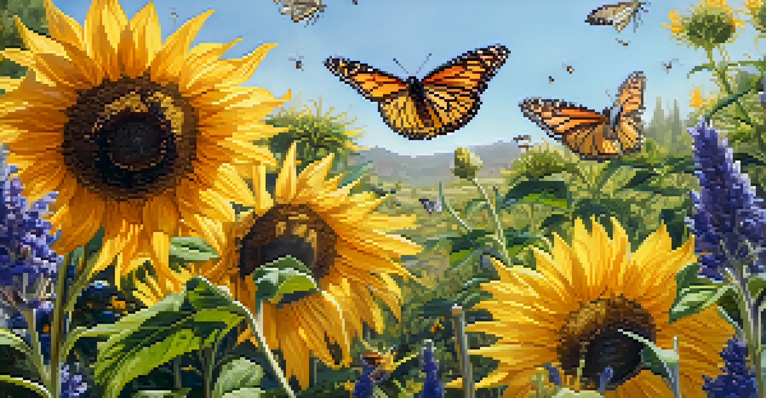 A close-up of vibrant flowers attracting bees and butterflies in a pollinator-friendly garden.