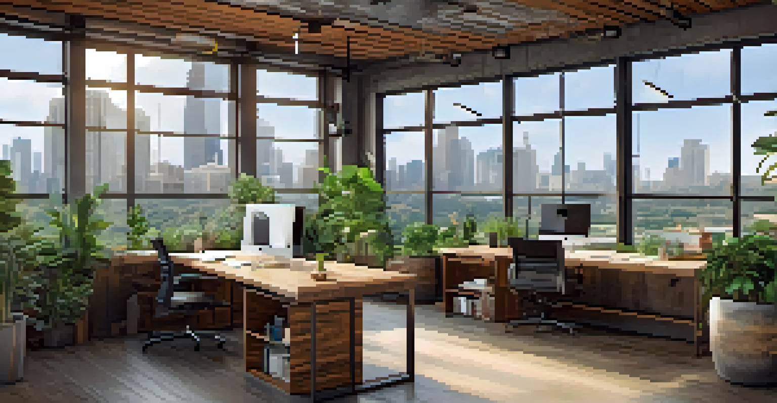 An eco-friendly workspace with wooden desks, plants, and a view of the Austin skyline, bathed in natural light.