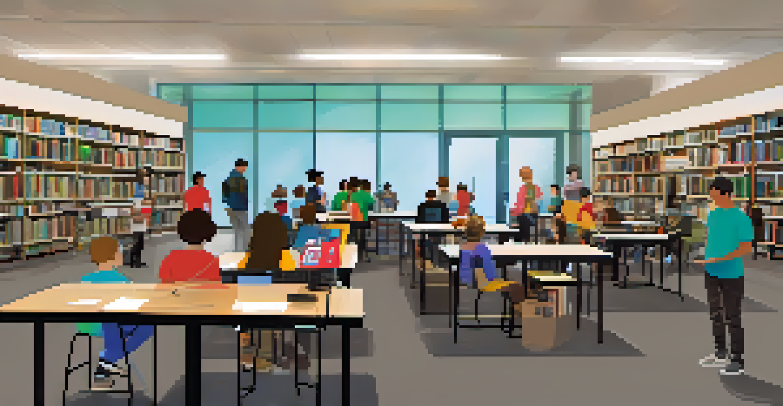 A community tech event in a library where young participants showcase their technology projects.