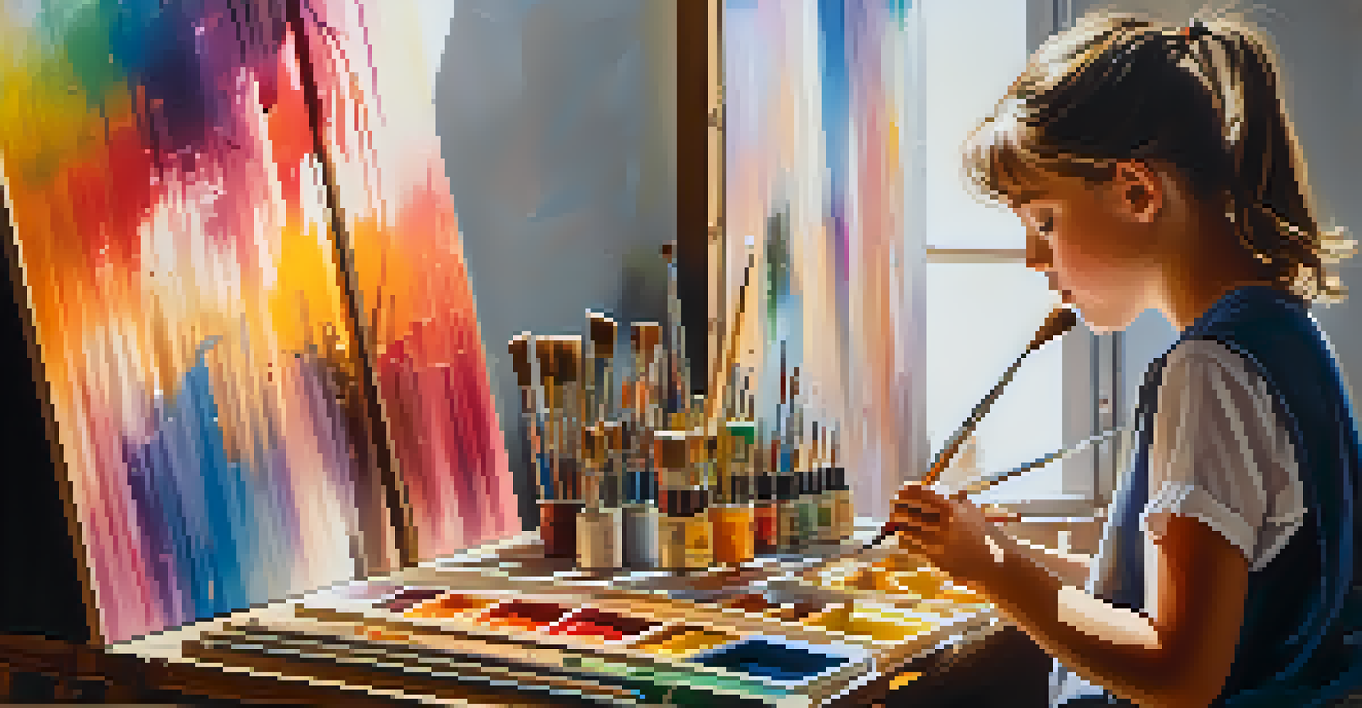 A young artist creating a painting with recycled materials, surrounded by vibrant paint tubes and brushes in a sunlit studio.