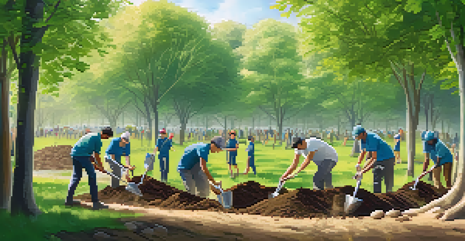 Corporate employees planting trees in a park, with bright green leaves and sunlight in the background, showcasing teamwork.